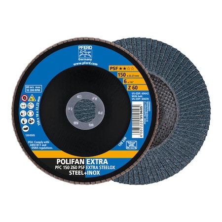 Pferd 6" x 7/8" A.H. POLIFAN Flap Disc - Z PSF EXTRA STEELOX, Zirconia, 60 Grit, Conical 60642